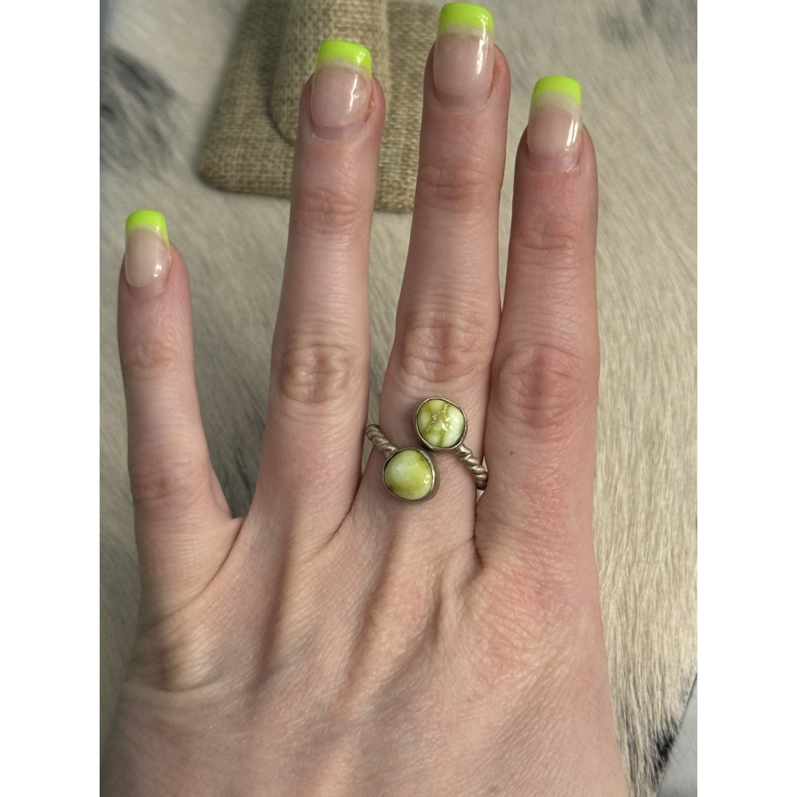 Sterling Silver Double Stone Green Palomino Turquoise Bypass Adjustable Ring 925